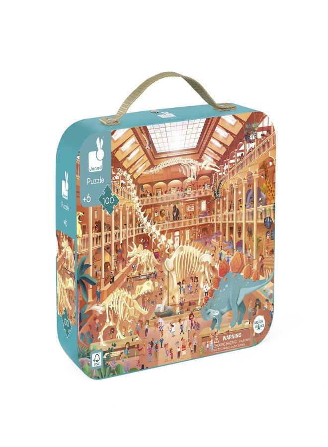 Janod 100 Piece Children’s Jigsaw Puzzle - Natural History Museum - Giftable Carrying Case with Fabric Handle - Learning and Exploration - Ages 6-10 Years - J02537 - Image 1
